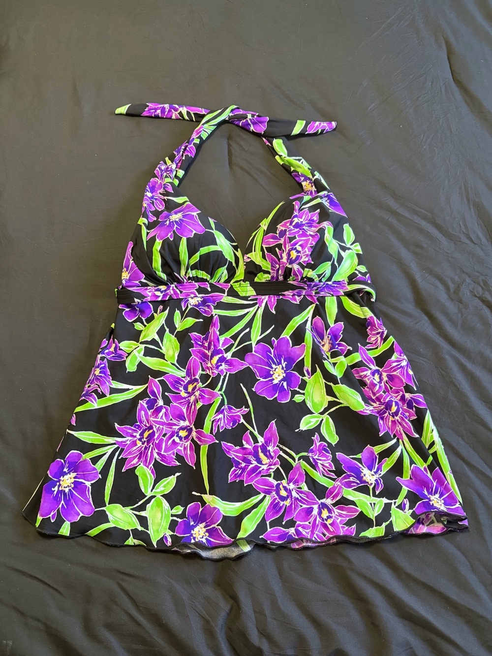 Venus purple & green floral tankini swimsuit babydoll halter top. Size 14.